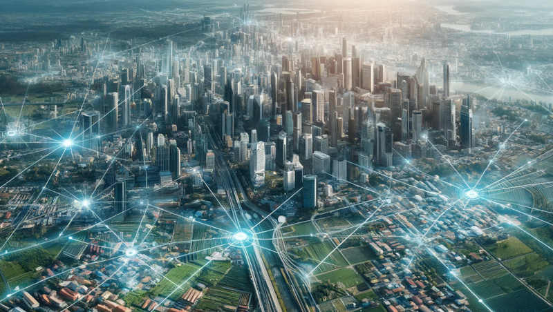 Une ville avec des points et des faisceaux lumineux symbolisant la connectivité du réseau sans fil