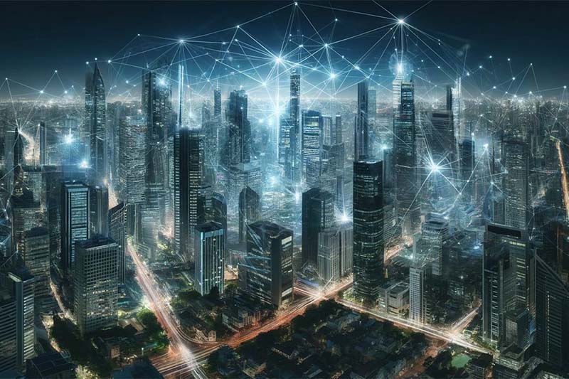 Les réseaux cellulaires illuminent le paysage urbain la nuit.