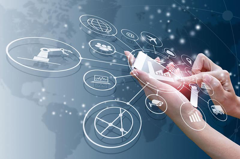 Les doigts appuient sur un appareil portable à partir duquel rayonnent vers l'extérieur des machines, des avions, des camions et d'autres icônes représentant la connectivité de l'entreprise
