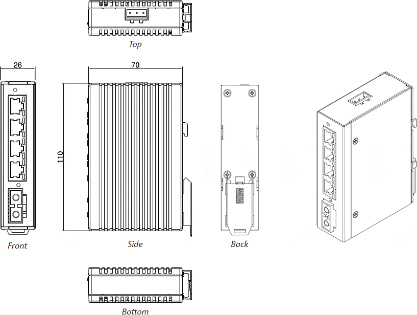 Schémas mécaniques des Commutateurs Ethernet industriels IDS-104FE