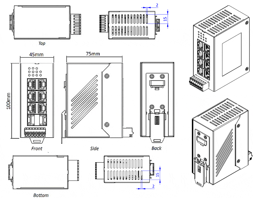 Schémas mécaniques des Commutateurs ethernet industriels IDS-106FE