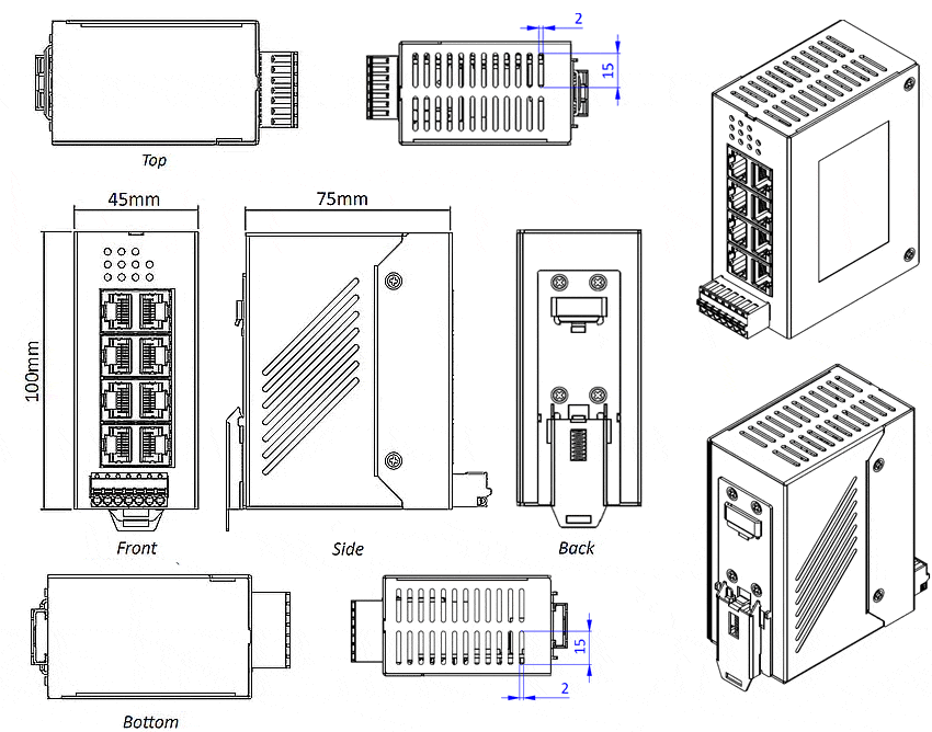 Schémas mécaniques des Commutateurs Ethernet industriels IDS-108FE