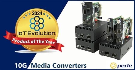 Logo Produit de l'année d'IoT Evolution avec les convertisseurs de média 10G de Perle
