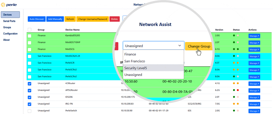 Capture d’écran de Network Assist mettant en évidence le regroupement des dispositifs
