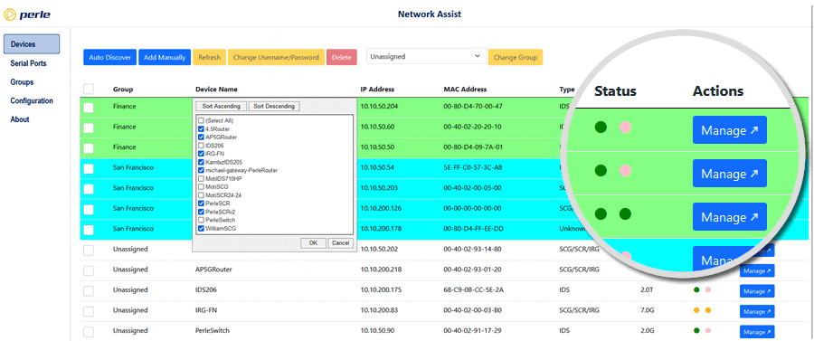 Capture d’écran de Network Assist mettant en évidence le bouton Manage (Gérer)